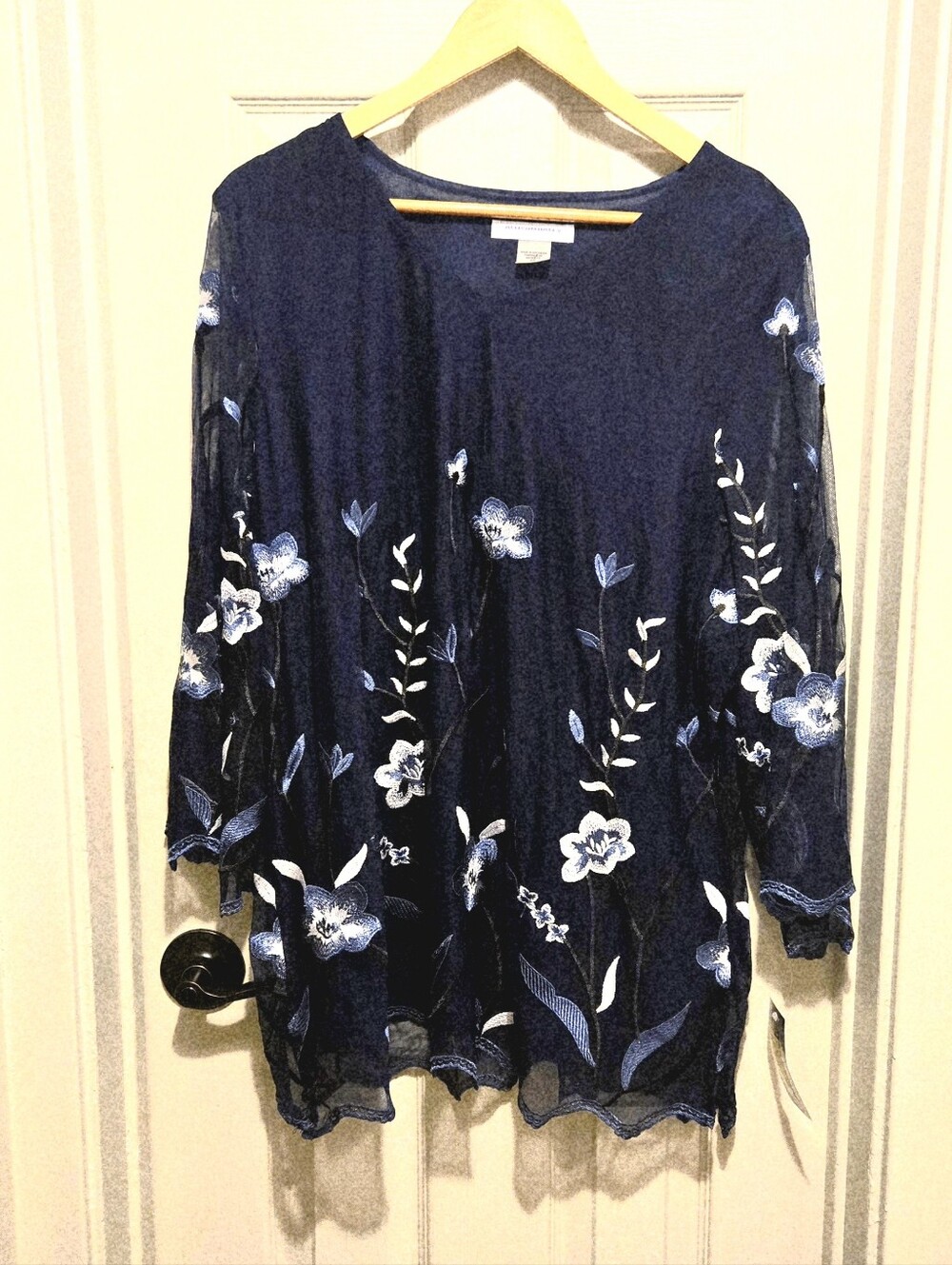 Allison Daley Navy Blue Floral Embroidered Long Sleeve Blouse